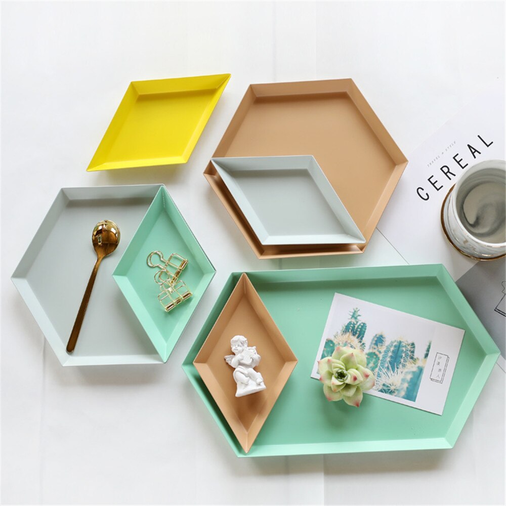 Colorful Metal Storage Trays Chic Geometric Combo Organizer Plate Desktop Decor Jewelry Display Trays Tea Set Dessert Plates