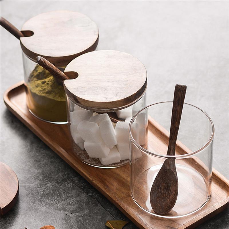 1 stk køkkenkrydderglas glas krydderi beholder salt krukker krydderi gryde med låg og ske krydderier opbevaringsglas glas krukke