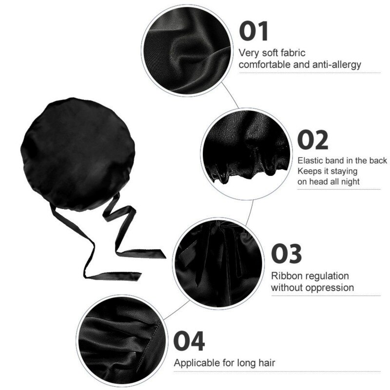 100% Mulberry Silk Night Sleep Cap Sleeping Hat 19 Momme Soft For Women Hair Beauty With Adjustable Elastic Ribbon: Black