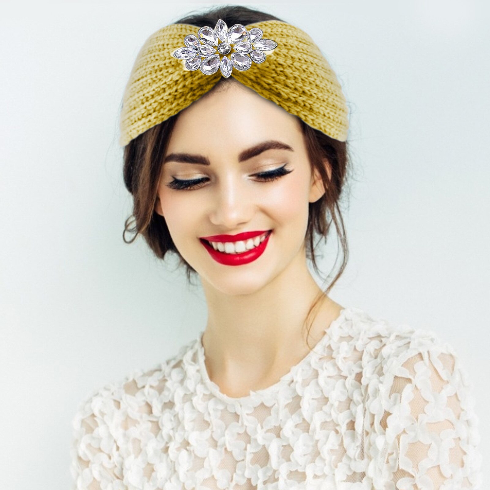 25 # turbante cinta ancha para el pelo para mujer, diadema tejida con diamantes de agua, envoltura para la cabeza de invierno, accesorios elásticos, tocados de Color sólido