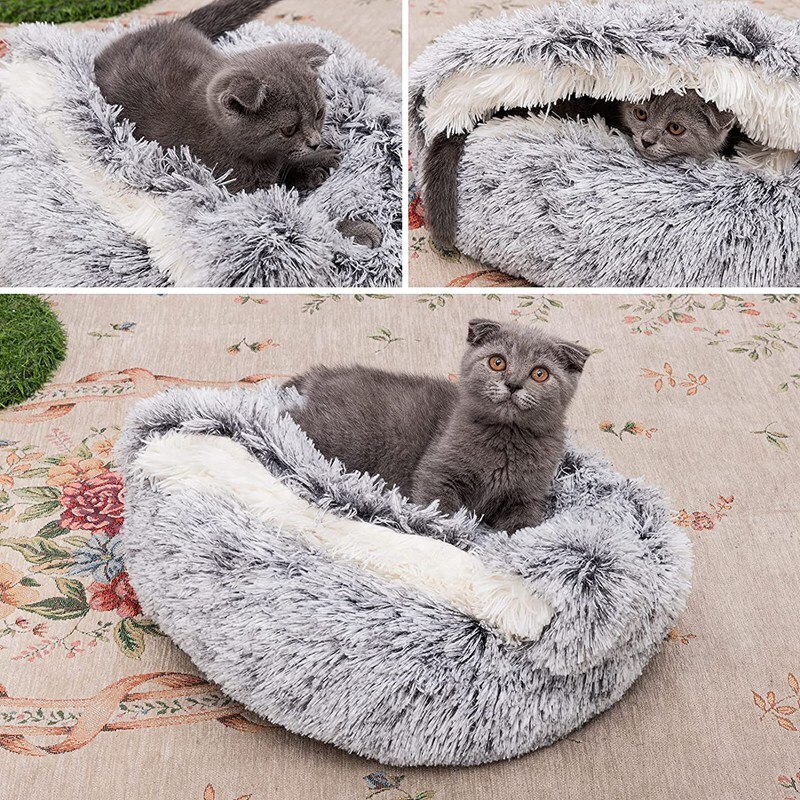 Huisdier Bed-Ronde Zachte Pluche Gravende Cave Hooded Kat Bed Voor Honden &amp; Katten, self Warming Indoor Slapen Bed Grey 19.7 Inch