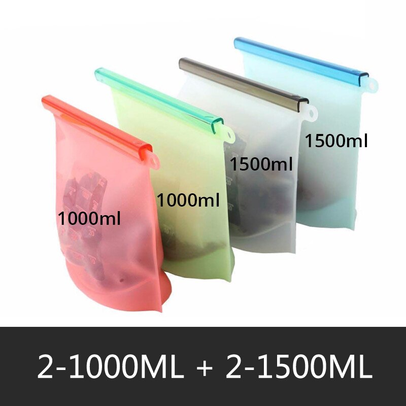 Reusable Silicone Food Storage Bag 1000ml 1500ml Kitchen Silicone Storage Bag Eco Ziplock Seal Freezer Bag Fresh Bags: 2-1000ml 2-1500ml