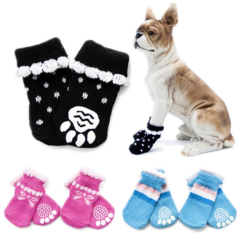 Chaussettes tricotées chaudes pour animaux de compagnie, 4 pièces, pour chiens et chats, intérieur, épais et doux, en coton, antidérapantes, fournitures pour animaux de compagnie