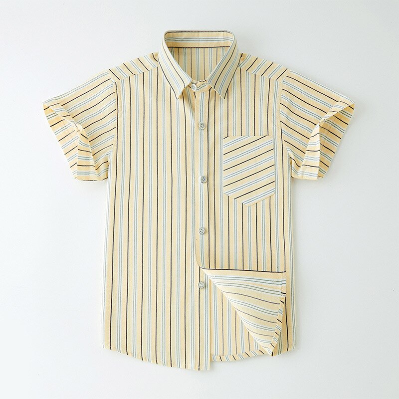 Camisa de algodón de manga corta a rayas para niños, camisa virgen grande para niños de 4 a 12 años, novedad de verano: YELLOW / 5