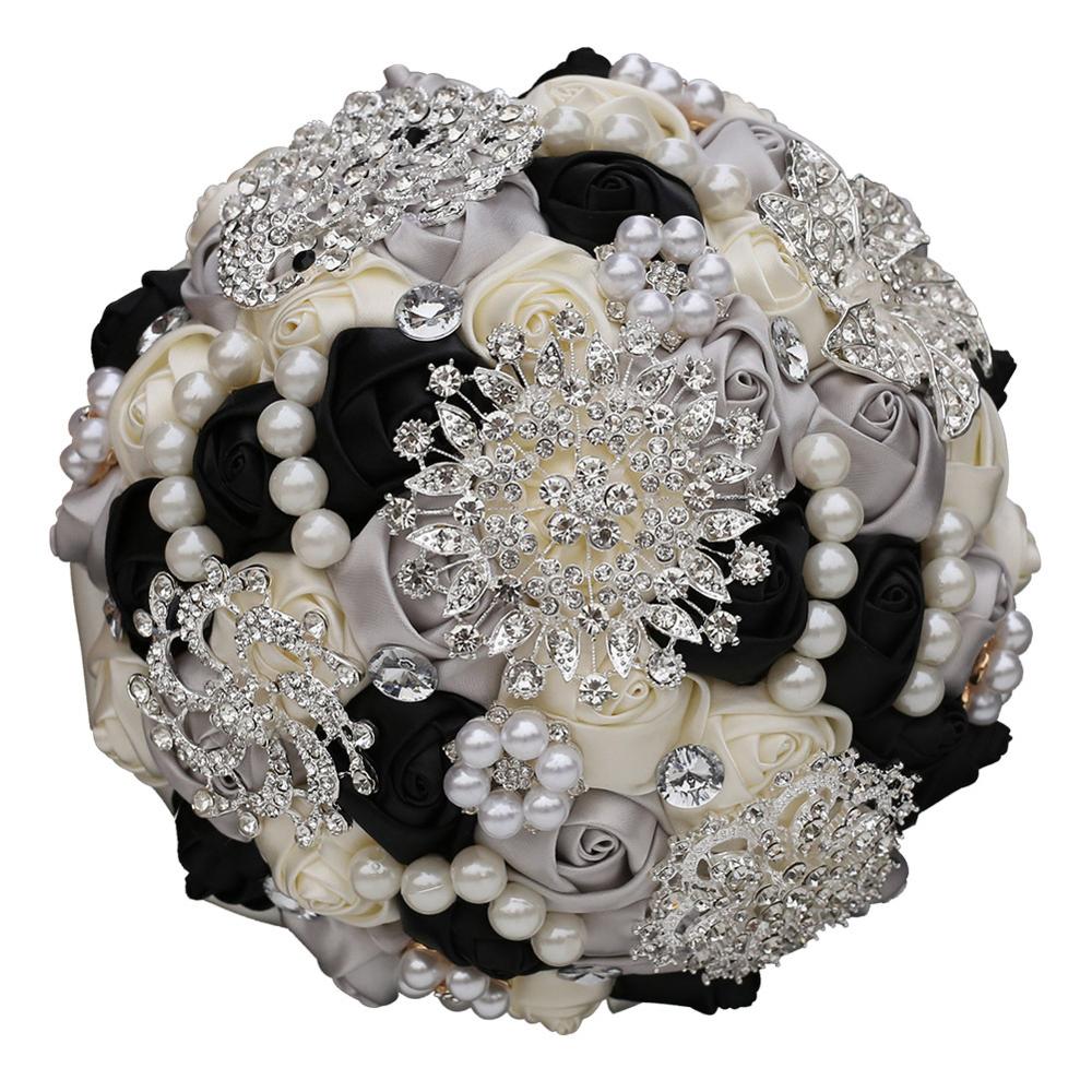 14 Colors 1Piece Ivory Flower Bouquet Stunning Pearls Beaded Crystal Bouquet De Mariage Wedding Flowers Bridal Bouquets: Black Silver Ivory