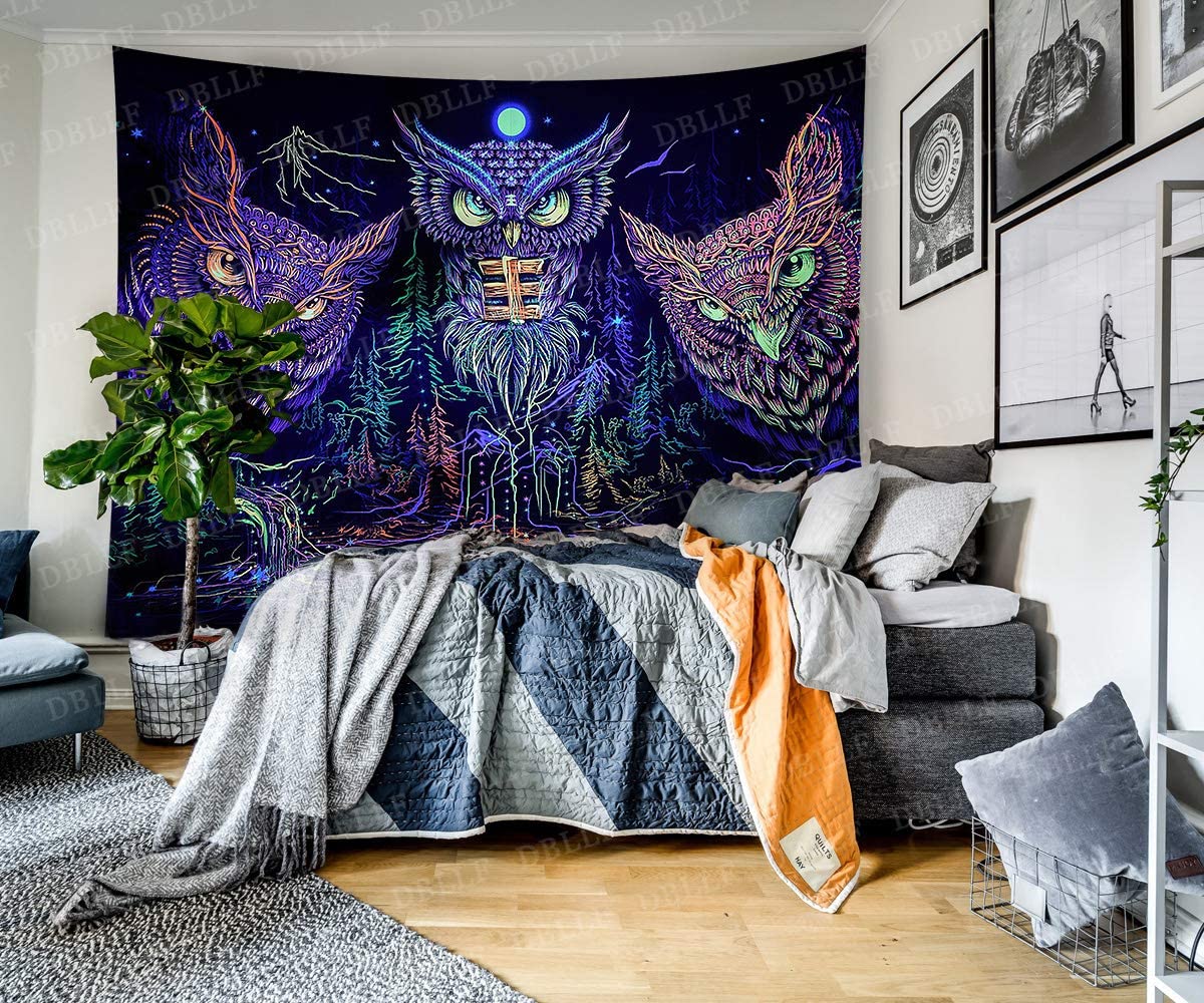 Atrapasueños de búhos psicodélicos, tapiz para colgar en la pared para sala de estar, dormitorio, bosque místico, bohemio, colorido
