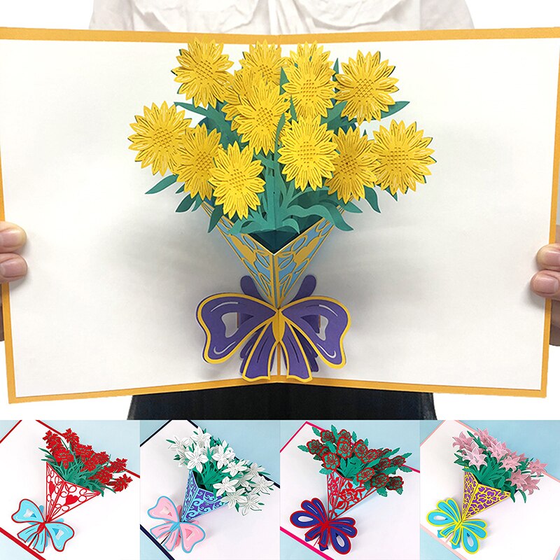 Carnation Flowers Bouquet Greeting Cards for Father Mother Birthday Card 3D Pop Up Cards Mothers Day Card I Love Mom