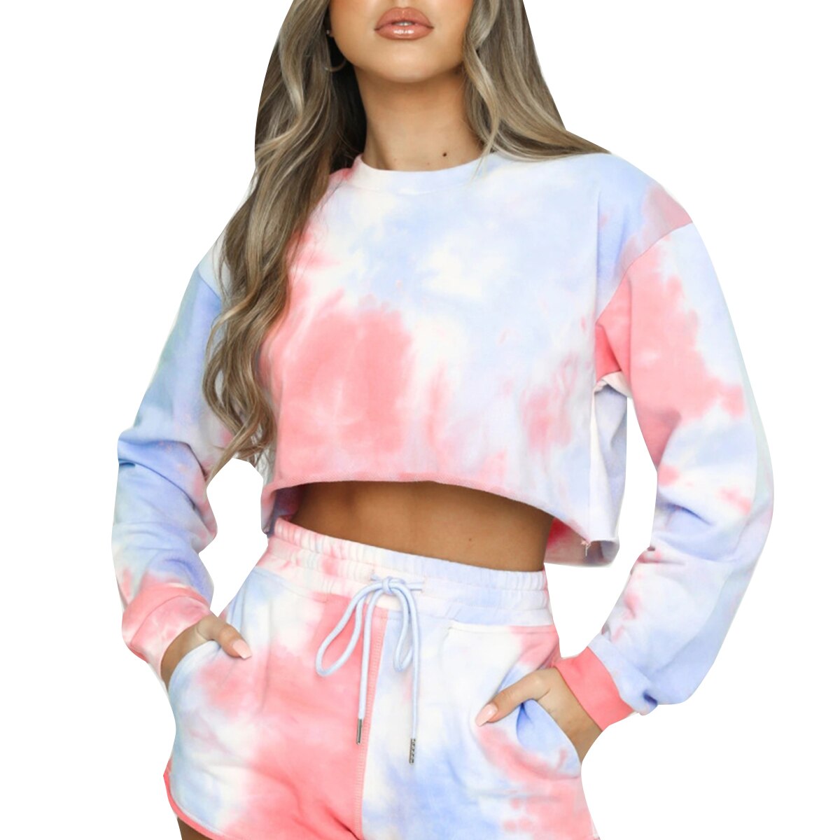 binden Farbstoff Drucken Zwei Stück einstellen Sport Outfit Sportbekleidung Frauen Langarm Sweatshirt Spitzen + Hohe Taille kurze Hose lässig homewear