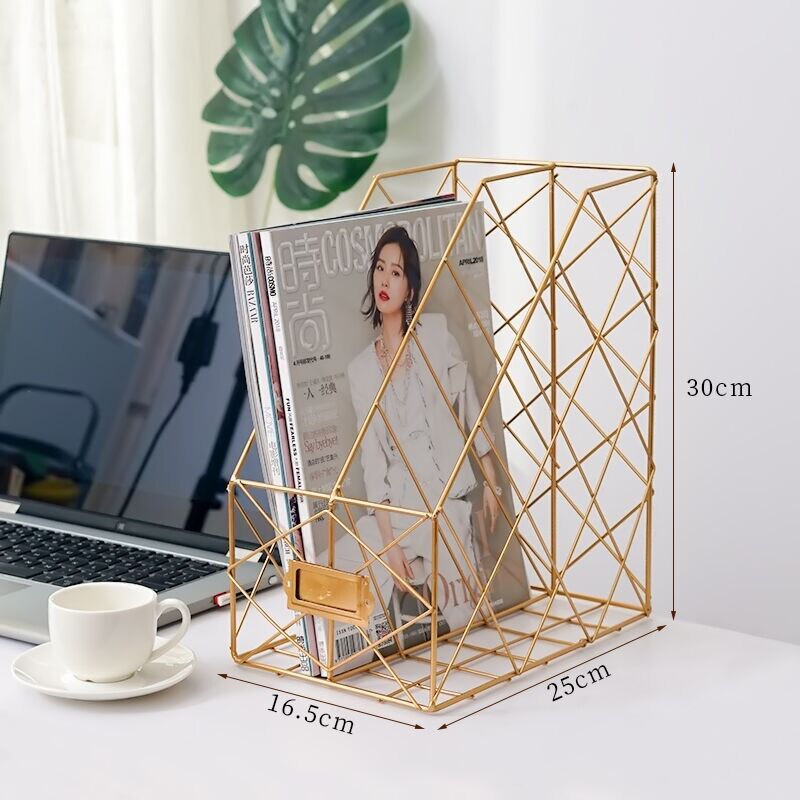 Wrought Iron Grid File Holder Simple Double Layer Desk Shelf Book Storage Office Student Supplies: Double gold