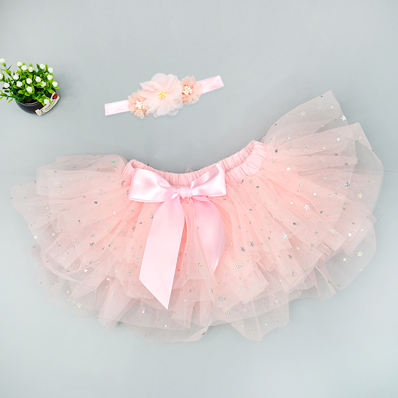 Baby girls glitter tutu skirt 2pcs tulle bloomers diaper Newborn outfit with flower headband set Infant baby mesh skirt: 12M