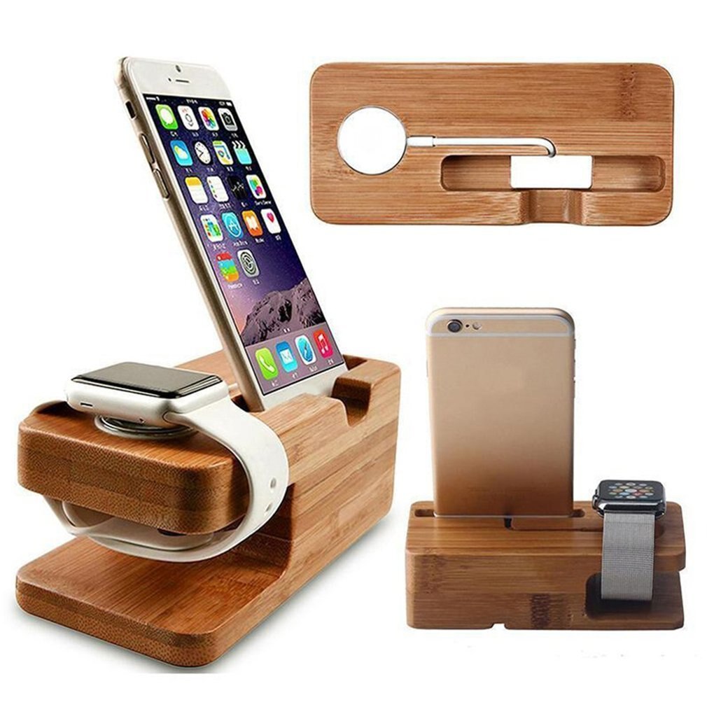2-In-1 Real Bamboe Hout Desktop Stand Voor Ipad Tablet Beugel Docking Houder Oplader Voor Iphone Opladen dock Voor Apple Horloge
