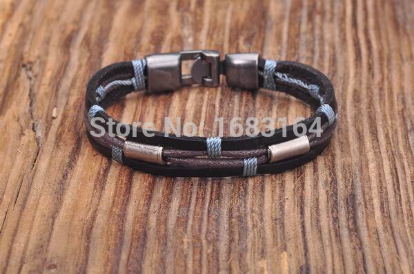 G154 Zwart-blauw Lederen Hennep Gevlochten Surfer Polsband Armband Manchet Metalen Sluiting Heren