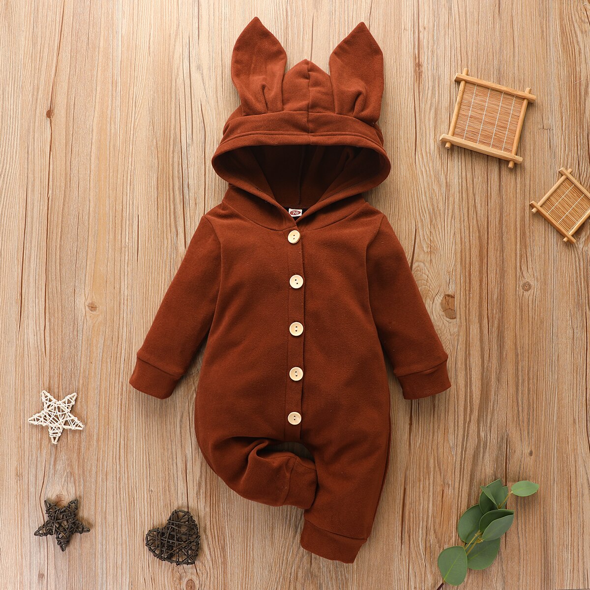 Herbst Winter neugeborenen Baby strampler mit hasenohren, langen ärmeln, niedlicher kapuzenpullover, einfarbig, jungen mädchen: Braun / 6m