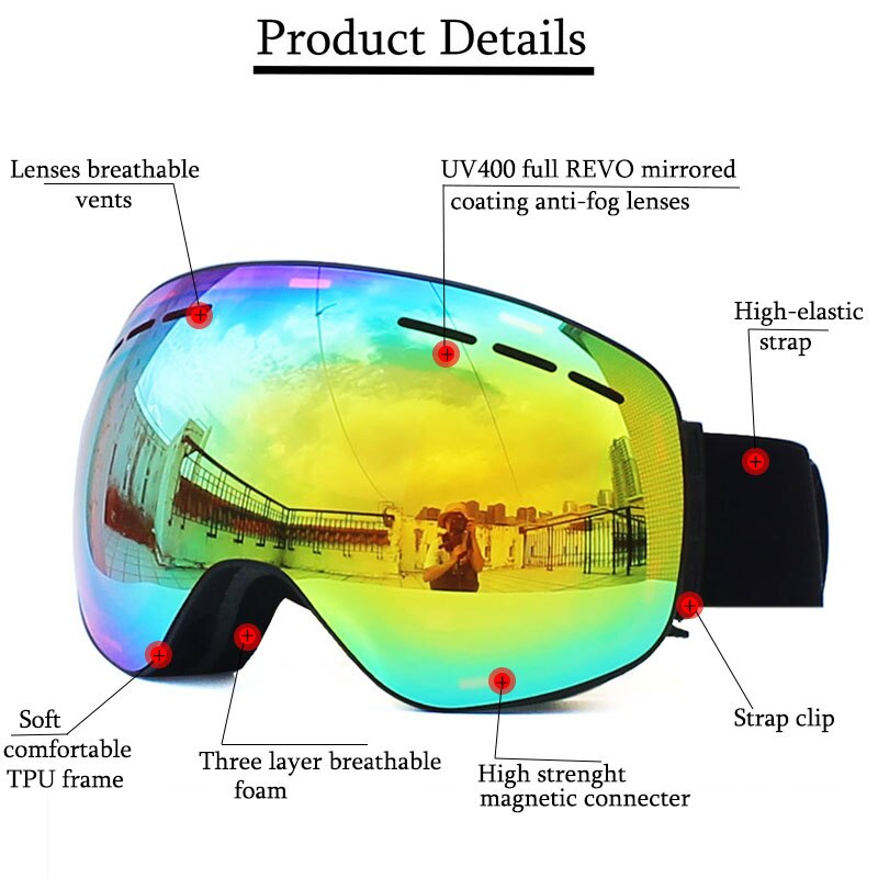 Skibriller med magnetisk dobbeltlags linse ski anti-dug  uv400 snowboard briller til mænd kvinder skibriller briller