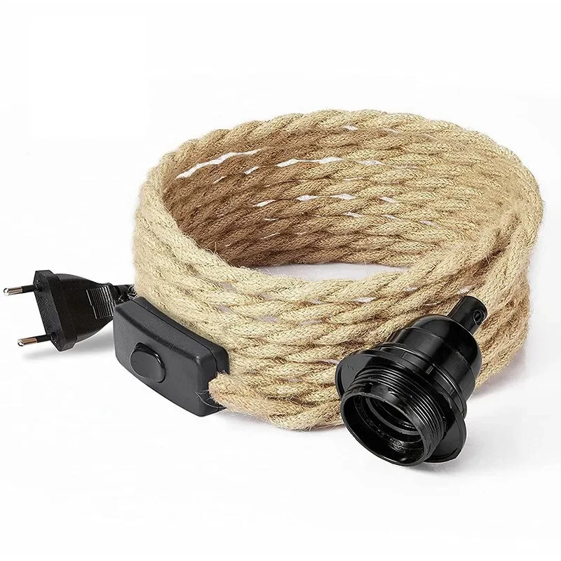 Hemp Rope Plug-In Pendant Light – 5M Cable With Switch, E27 Socket, Indoor Hanging Light Kit For Retro, Industrial, DIY Lampshades