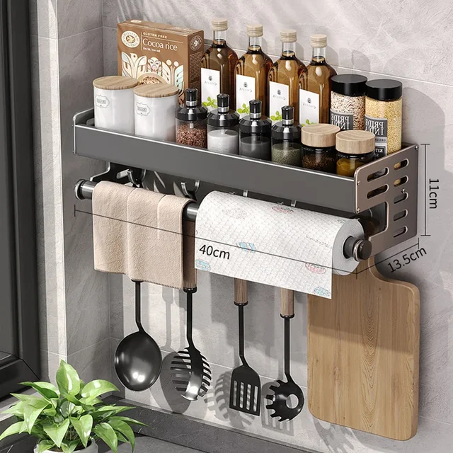 Aan de muur gemonteerd keukenkruidenopbergrek Kruiderijrek Multifunctioneel huishoudelijk gebruiksvoorwerprek Keuken hangende organisatoren: Dark Gray