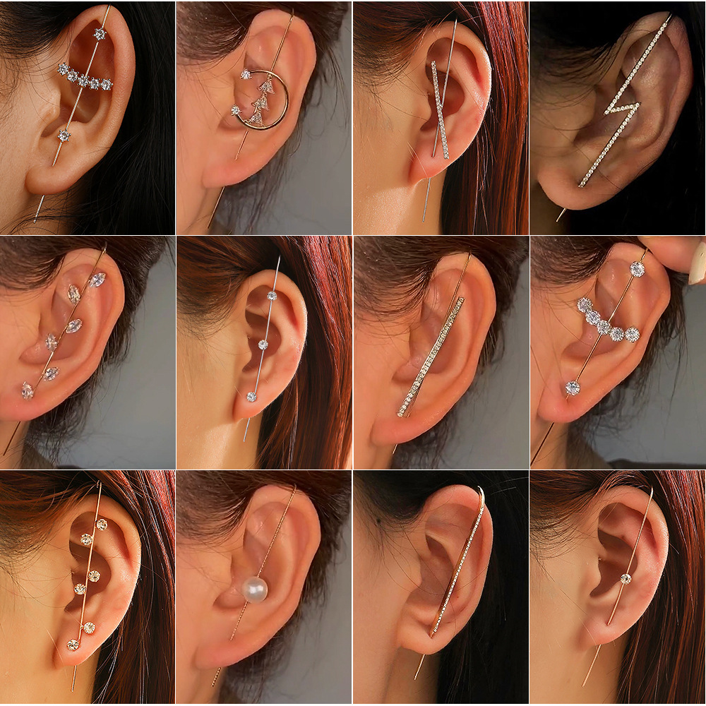 Nuevos pendientes de gancho sobre orugas con aguja para oreja para mujer, pendientes de perforación de circonio con incrustaciones de cobre Diagonal de aurícula envolvente/1 ud.
