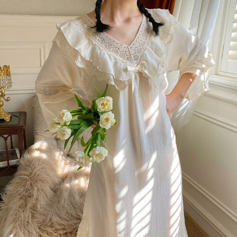 Camisones Vintage de algodón Beige para mujer, ropa de dormir suelta de manga larga, Victoriano Peignoir vestido de noche, para mujer, ropa de salón para el hogar
