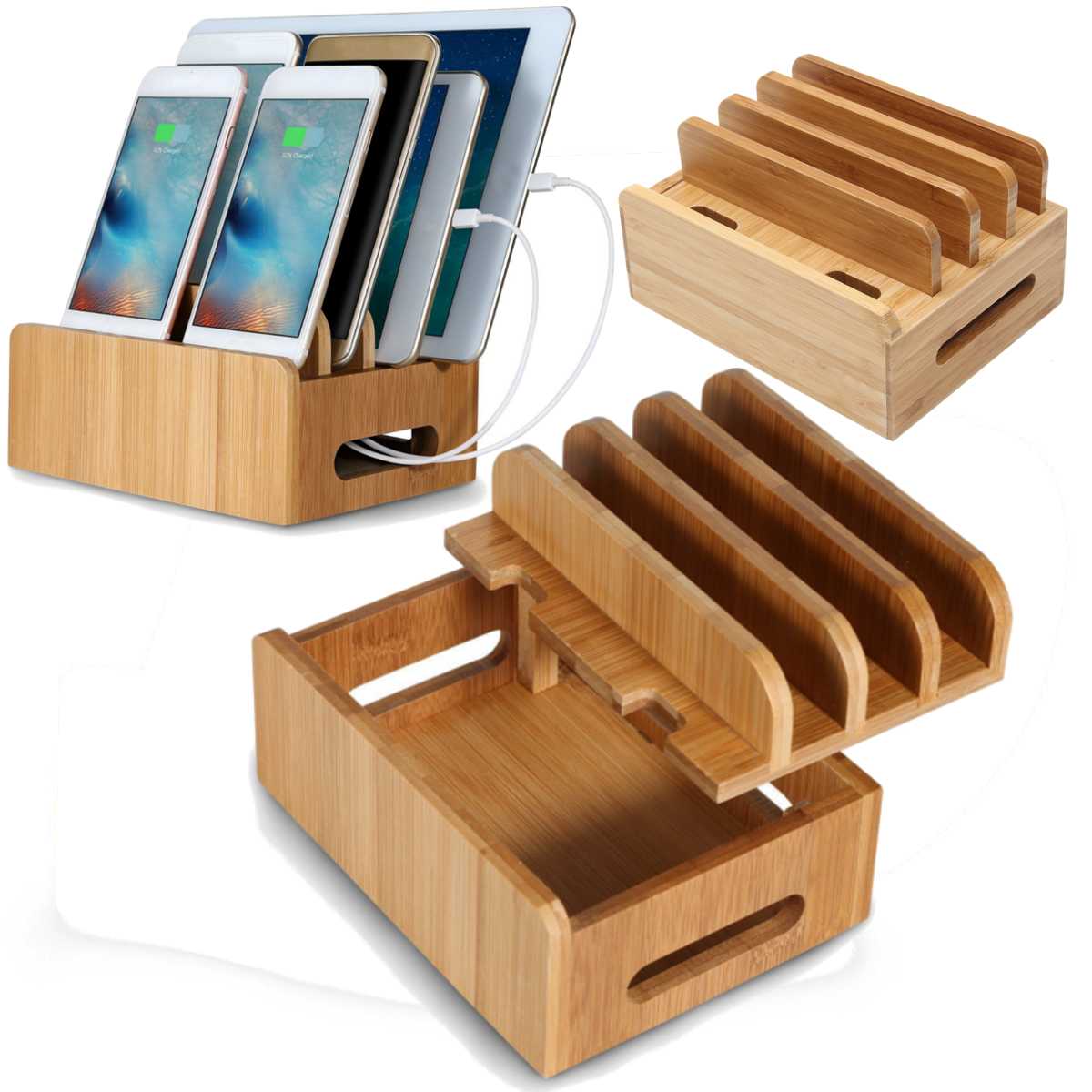 Bamboe Houder voor iPhone Stand voor Samsung Telefoon Cords Laadstation Dokken Organizer voor Smartphones en Tablets USB Charger