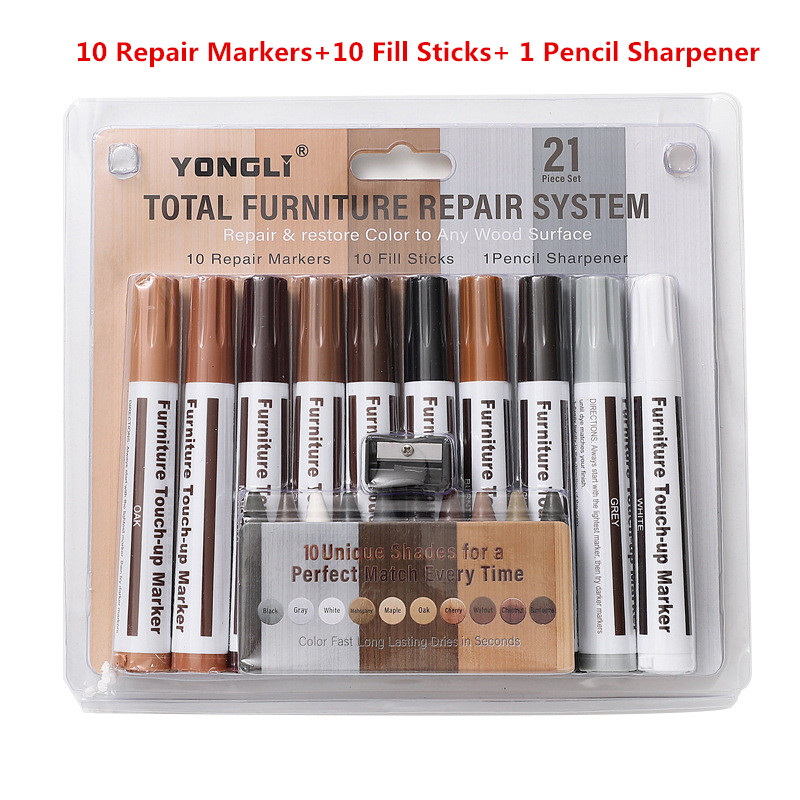 21Pcs Furniture Touch Up Kit Markers &amp; Filler Sticks Wood Scratches Restore Kit Scratch Patch Paint Pen Wood Composite Repair: A