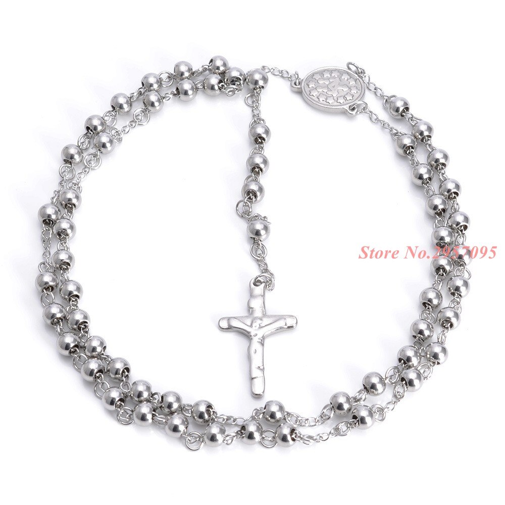 Jewelry Womens Mens Necklace Stainless Steel White Bead Rosary Chain Jesus Christ Cross Pendant