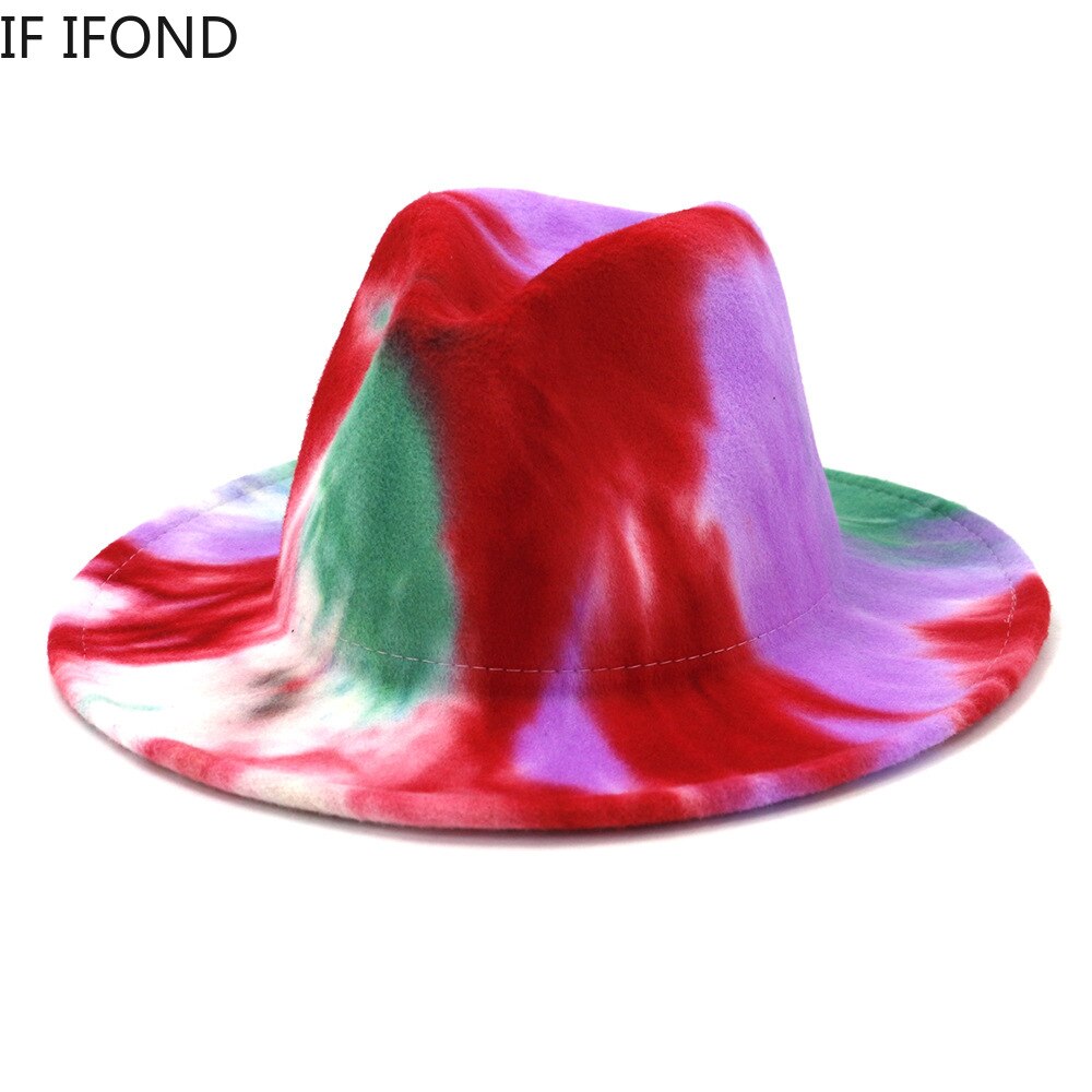 Unisex Tie Dye Wolvilt Fedora Hoeden Mode Lente Brede Rand Panama Jazz Hoed Trilby Cap