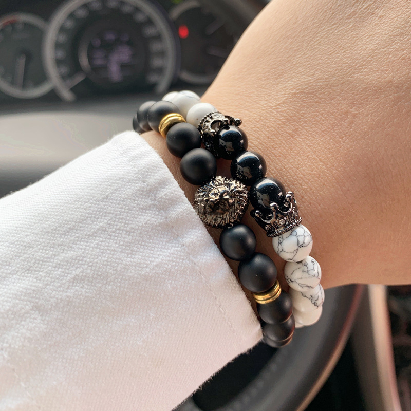 Lion Crown Bedelarmband Mannen Zirconia 8 Mm Stone Bead Armband Voor Mannen Sieraden Pulsera Hombre