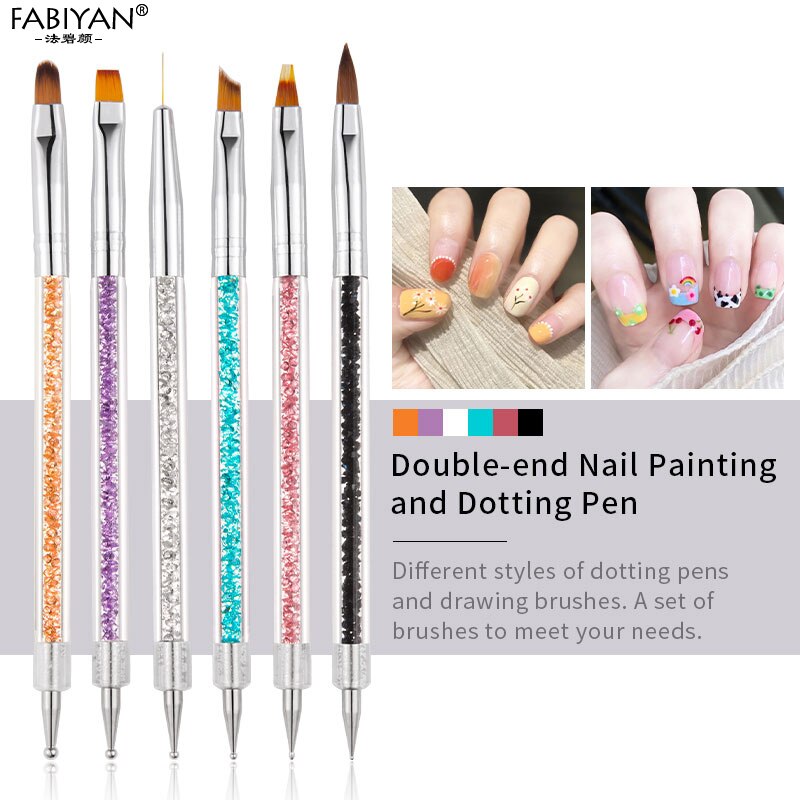 6Pcs Dual End Nail Art Puntjes Pen Schilderen Liner Brush Tekening Gradiënt Tool Strass Handvat 2 Manier Kit