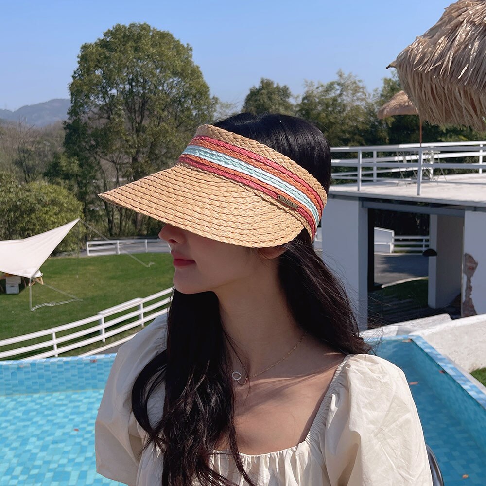 RAFFIA Summer lady Empty Top Sun Visor Hat Beach hat Summer hats straw Wide Brim Sun Caps UV Protection Hat For Men And Women: Khaki