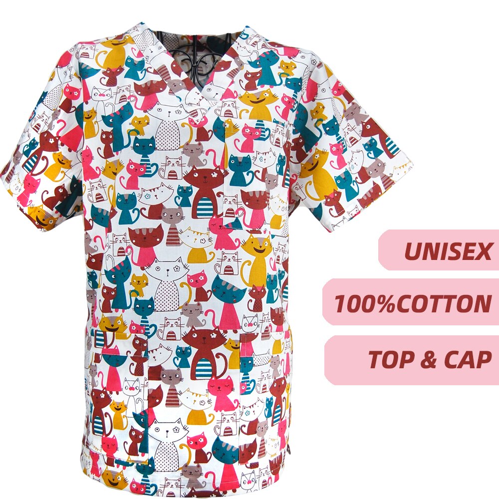 Unisex scrubs uniforms tops cap nurse doctors workwear working clothes Cartoon Print Short Sleeved Beautician Dentist scrub top