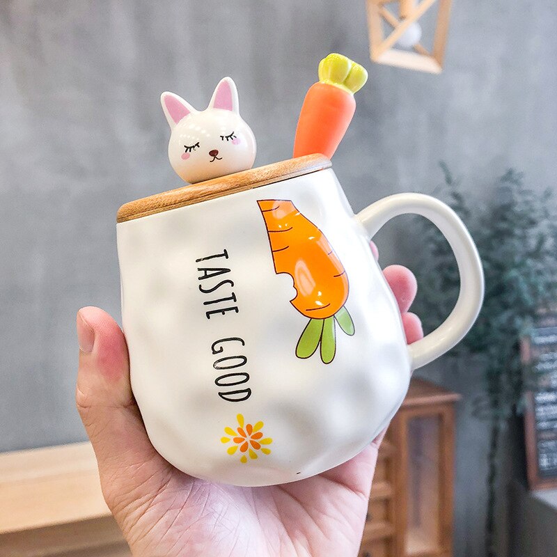 400ML Cartoon Ceramic Mug Turnip Rabbit Wooden Lid Ceramic Cup Milk Coffee Tea Cup Office Home Student Couple Cup: C