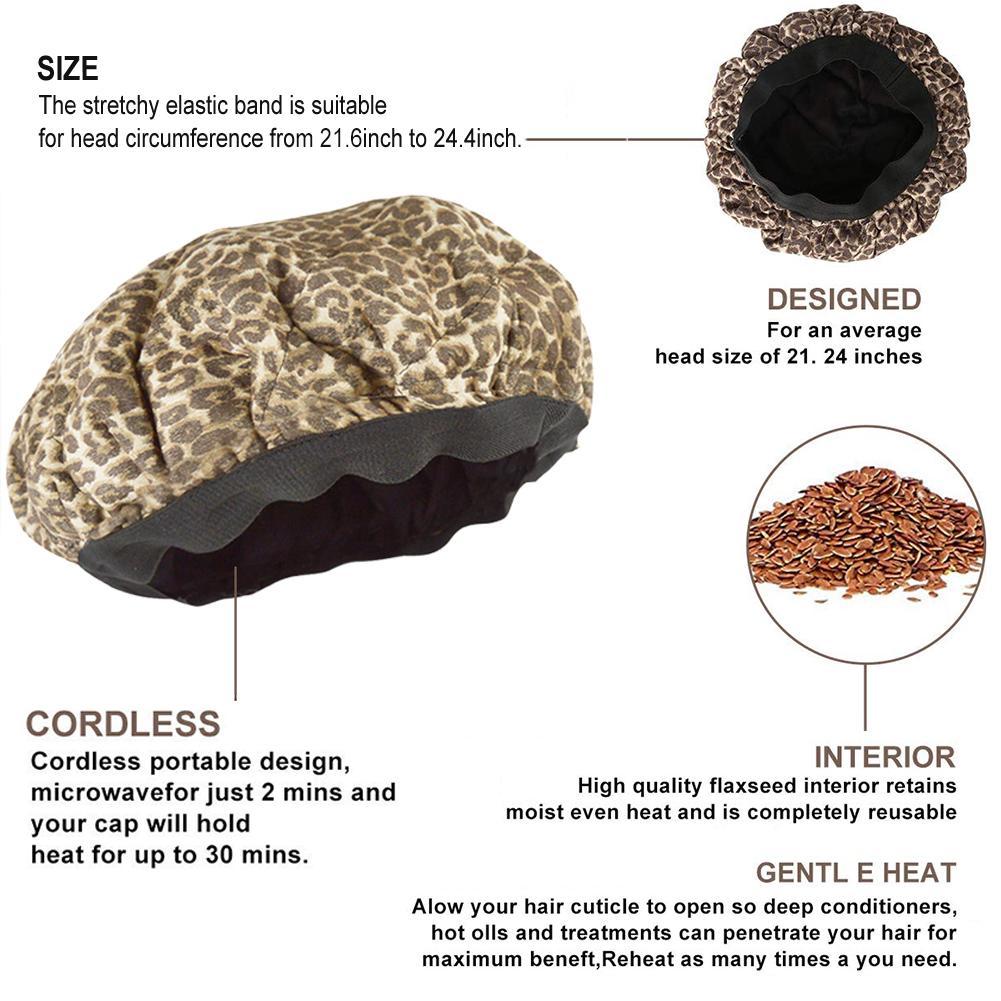 Profundo acondicionado elástico viaje cuidado del cabello tapa de calor leopardo estampado vapor Flaxseed Interior Reversible Microwavable reutilizable 4p