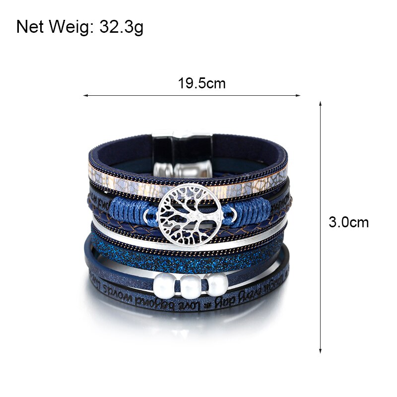 Flashbuy Life Tree Leather Bracelets For Women Bohemia Weave Multilayer Wide Wrap Bangles Jewelry