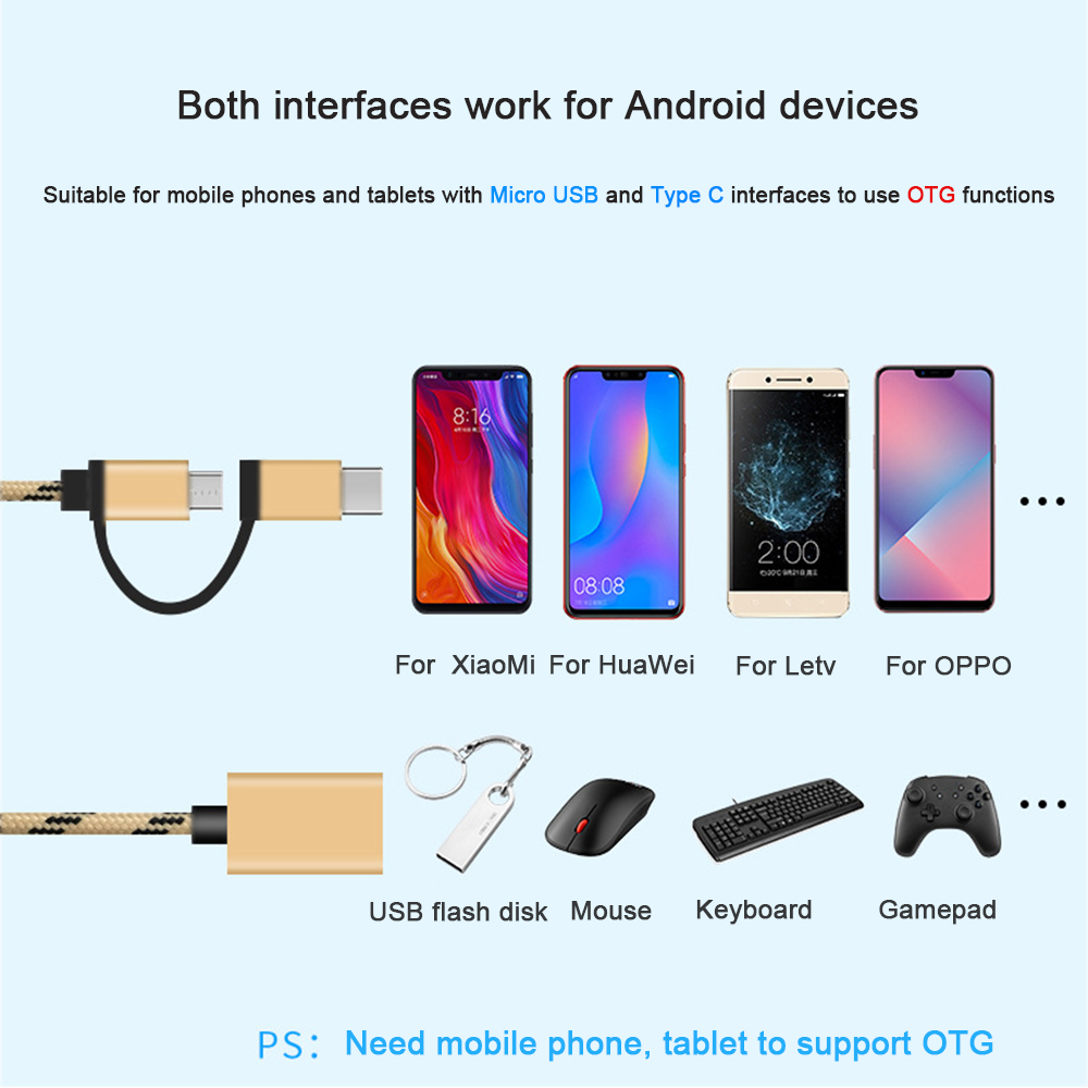 2-in-1 OTG Adapter Cable Suitable For Android TYPE-C Micro Usb 17CM For Xiaomi Huawei Letv Oppo Gampad Mouse