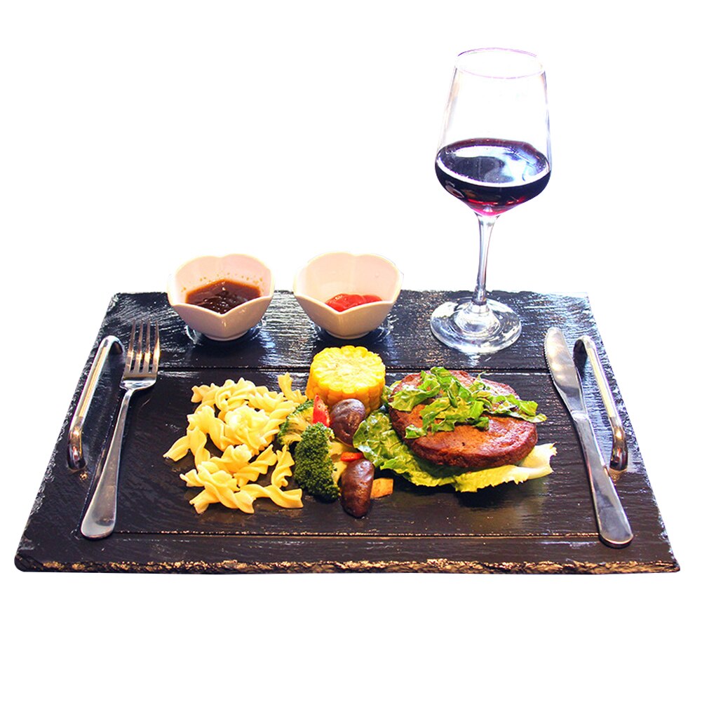 40X30Cm Steak Lade Met Cup Voet En Handvat Natuurlijke Leisteen Plaat Kaas Board Platter Lade Voor Hotel restaurant Steakhouse