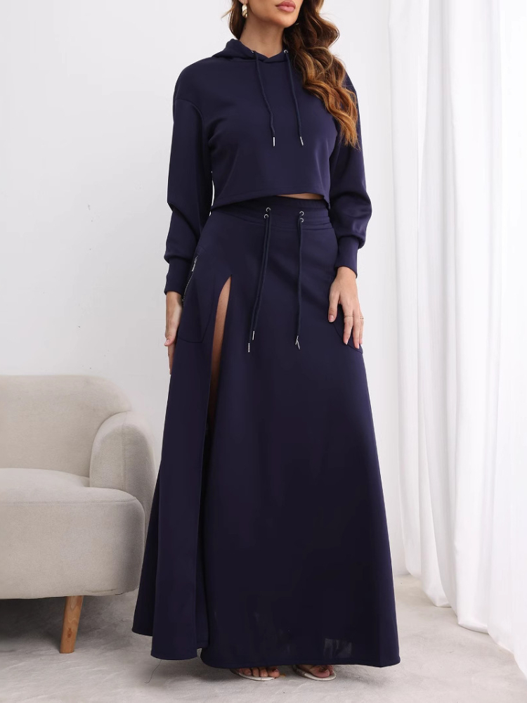 Skirt Set Two Piece Sets Women Dress Sets Full Sleeve Hoodies Sweatshirts Long Skirts A Line Work High Waist Streetwear