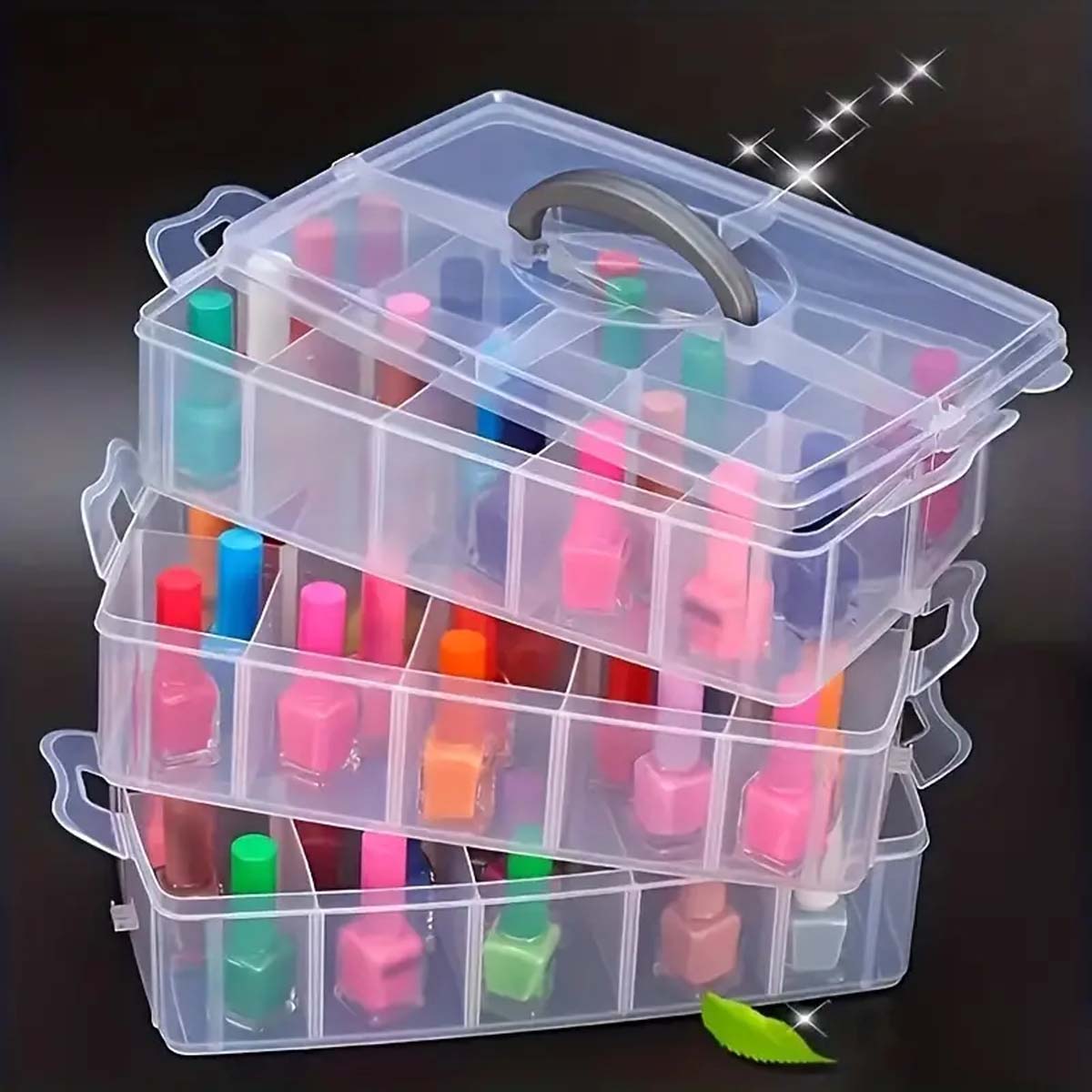 Caja organizadora de almacenamiento apilable de 3 niveles con 18 compartimentos ajustables, contenedor de plástico transparente con cierre a presión para juguetes, joyas