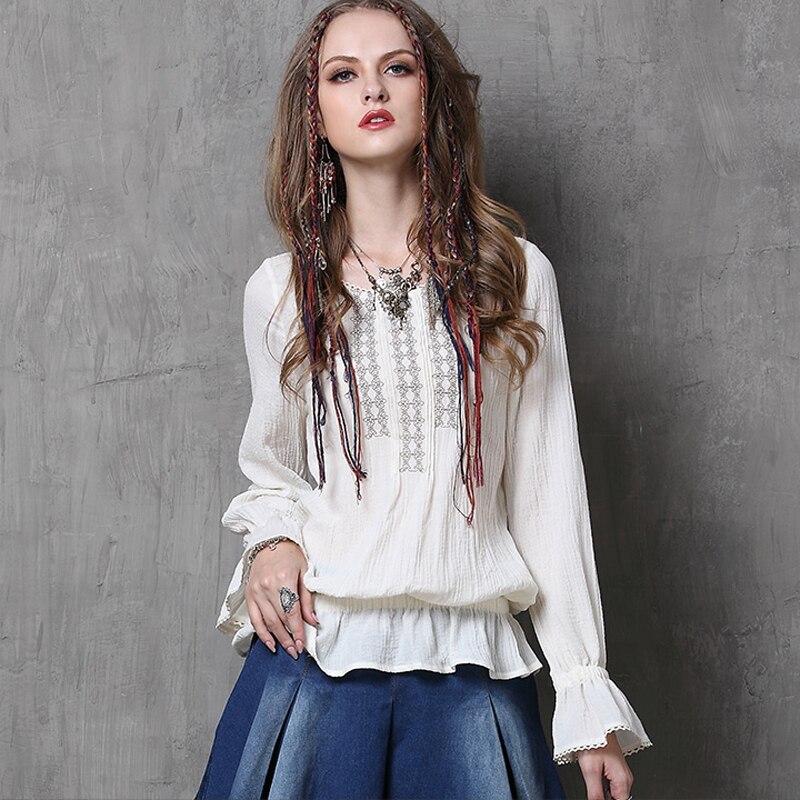 Blusa feminina yuzi høst årgang bomullsbluse o-hals broderi sommerfuglerm løse damebluser  b9536 2 farger