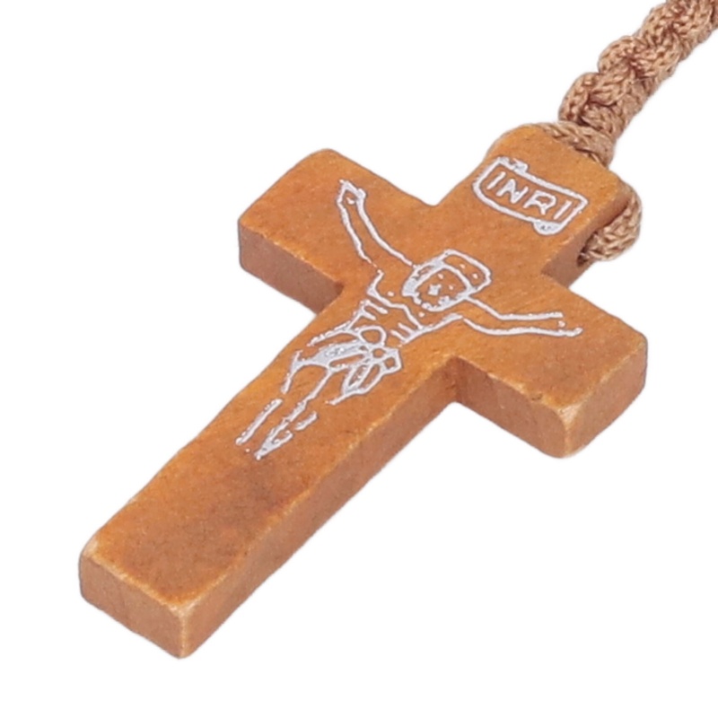 F2 5pcs Wooden Rosary Jesus Imprint Catholic Unisex Style Natural Wooden Bead Cross Rosary Necklace Jewelry For Men Women Light