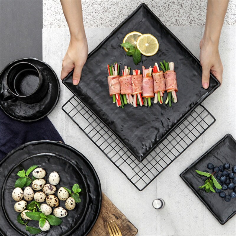 Japanese Ceramic Stone Pattern Black Glaze Dinner Plate Steak Salad Plate Home Dessert Sushi Square Dish Restaurant Tableware