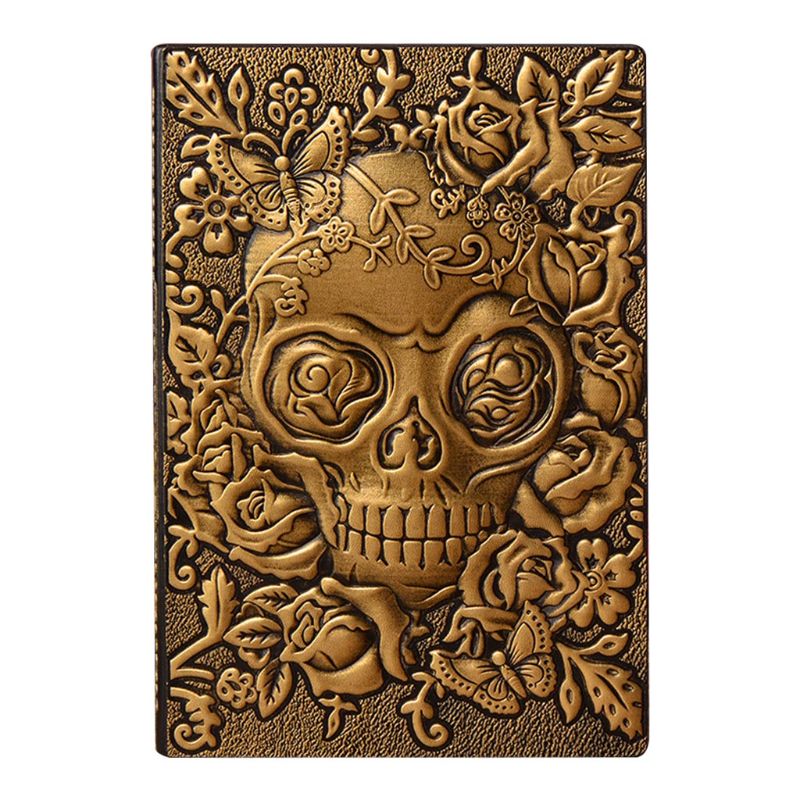 Skull Flower Embossed A5 Leather Notebook Journal Notepad Travel Diary Planner School Office Supplies: Green Bronze