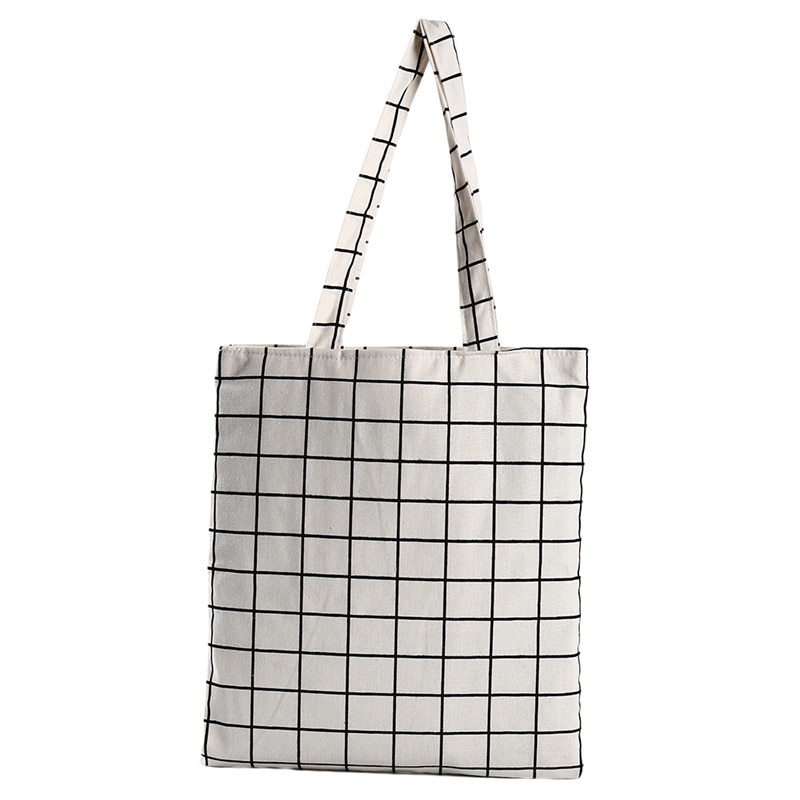 Women Canvas Plaid Eco Reusable Shopping Tote Bag Plaid Shoulder Bag Black White