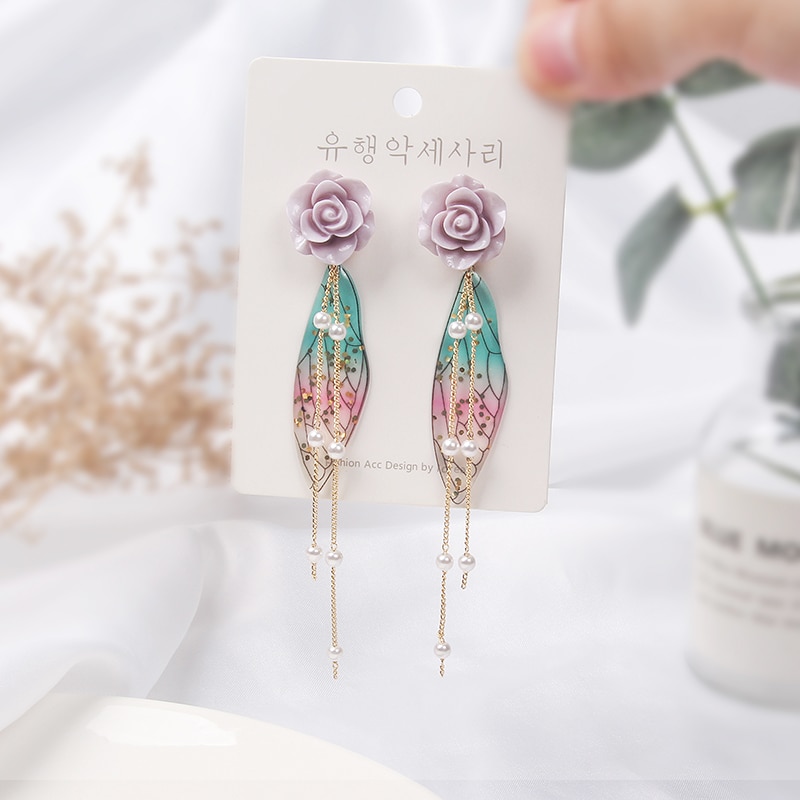 Mwsonya Mode Koreaanse Stijl Paarse Bloemen Oorbellen Voor Vrouwen Vleugel Parel Kwastje Lange Hanger Oorbellen Sieraden Oorbellen