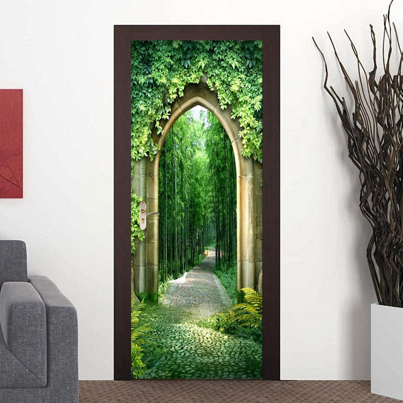 Pegatina De puerta De paisaje De camino De bosque verde, Papel tapiz 3D para sala De estar, estudio, decoración del hogar, Mural De puerta 3D De PVC, impermeable, Papel De pared