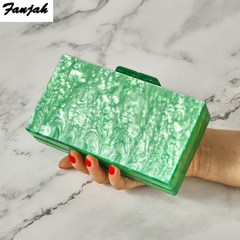 Cartera de noche para mujer y niña, bolso con broche acrílico de 18x10 cm, color verde perla, blanco, azul y negro sólido, con espejo en el interior de la Caja