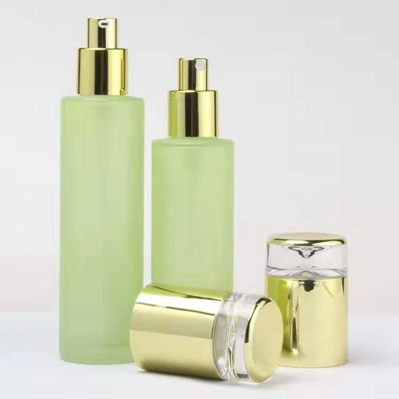 60ml flacons de lotion en verre cosmétique de luxe verts emballage cosmétique avec bouchon en plastique doré vide 30ml flacons pulvérisateurs en verre