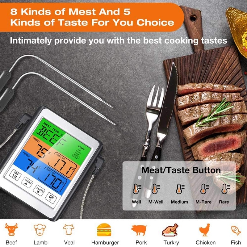 Digital Meat Thermometer, Dual Probe Kitchen Thermometer for Grilling with Food Cooking Thermometer for BBQ Grill