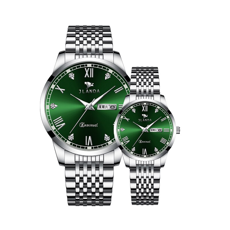 Reloj de lujo para parejas, relojes de pulsera de cuarzo dorados de , de acero inoxidable, analógicos, para mujeres y hombres: Silver Green