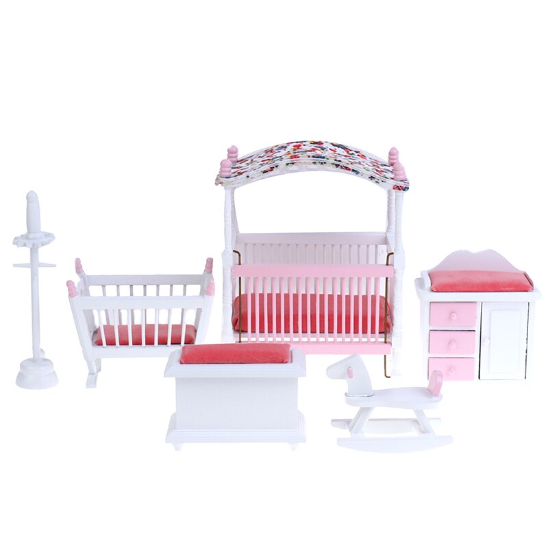 6pcs/set Mini Dollhouse Bedroom Furniture Toys Set 1/12 Wooden Simulation Furniture DIY Model Toy for Doll House Decoration Pink