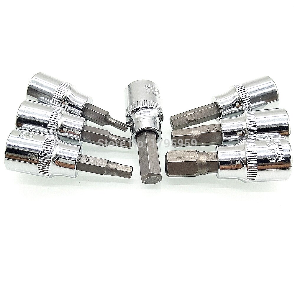 3/8" Square Impact Driver Hex Bit Socket Screwdriver 7 Piece Set H3 H4 H5 H6 H7 H8 H10 Hex Key Socket Wrench Tools 3mm to 10mm